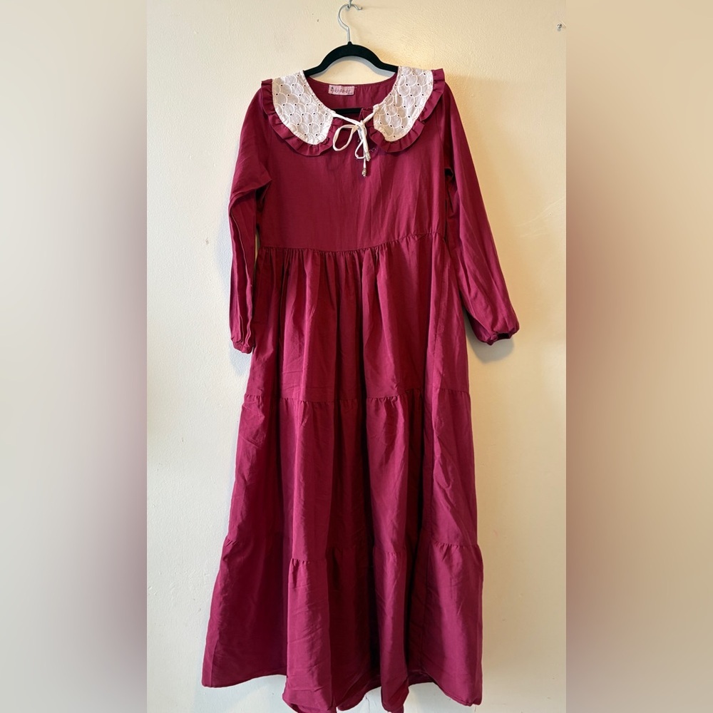 Vintage Cotton Maxi Dress with Peter Pan Lace Collar Prairie Style Size Medium - Picture 3 of 11